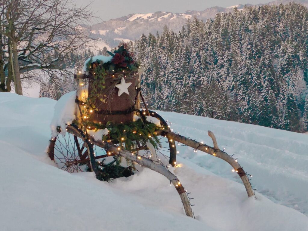 23 Posten lang ist der Adventsweg in Schönholz. Damit alles rechtzeitig bereit ist, fangen die beiden Verantwortlichen – Rösi Wittwer und ihre Nachbarin Esther Rüfenacht – schon lange im Voraus mit den Vorbereitungen an. Foto: Familie Wittwer