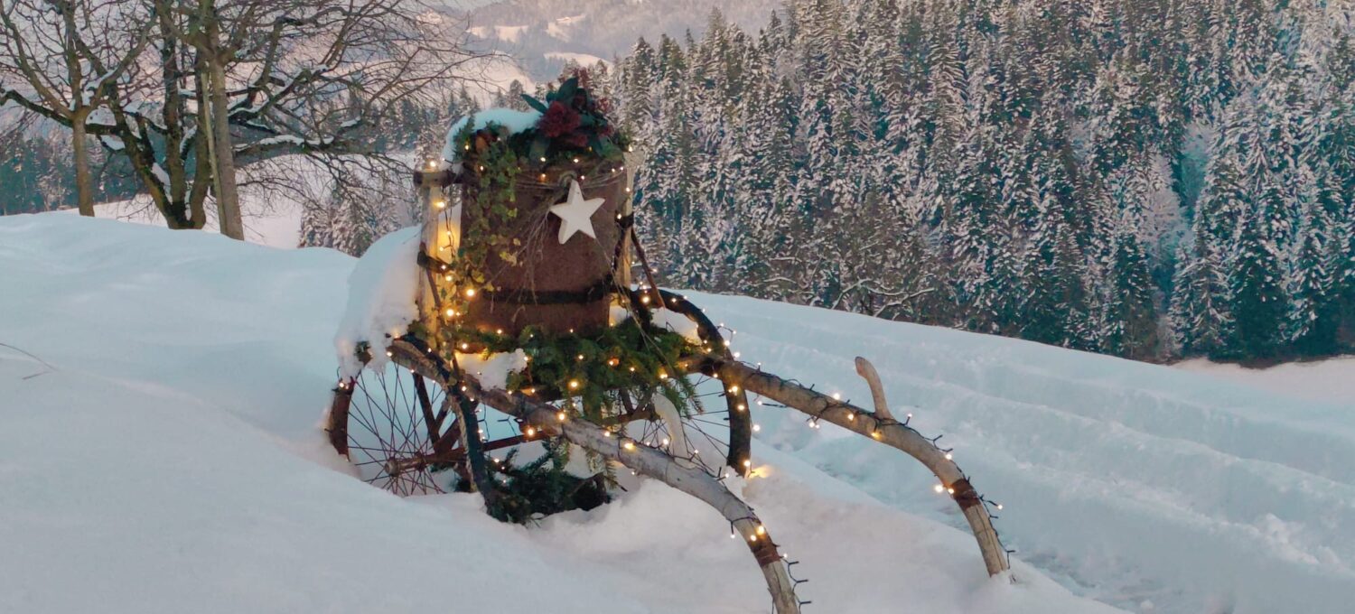 23 Posten lang ist der Adventsweg in Schönholz. Damit alles rechtzeitig bereit ist, fangen die beiden Verantwortlichen – Rösi Wittwer und ihre Nachbarin Esther Rüfenacht – schon lange im Voraus mit den Vorbereitungen an. Foto: Familie Wittwer
